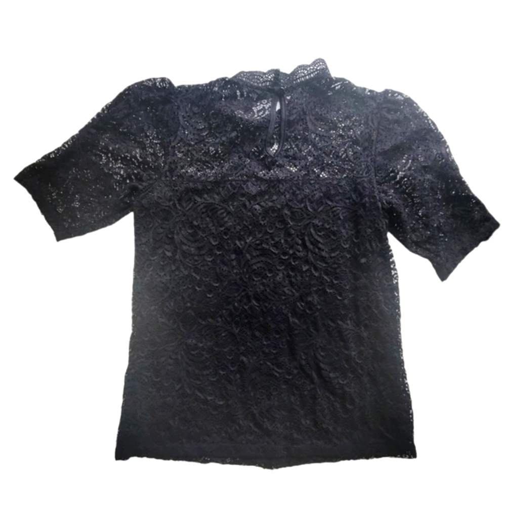 Adiva Lacey Short Sleeve High Collar Sheer Top Black Women's Small Goth